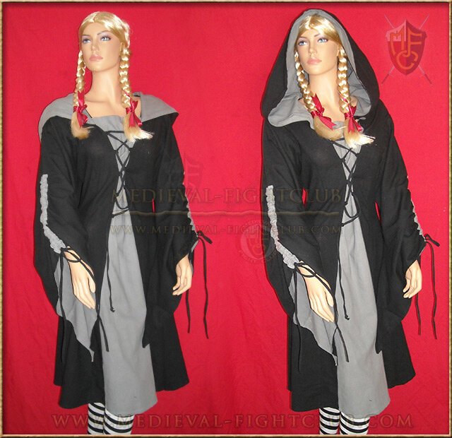 Medieval Lace-up dress with hood - Black & Grey